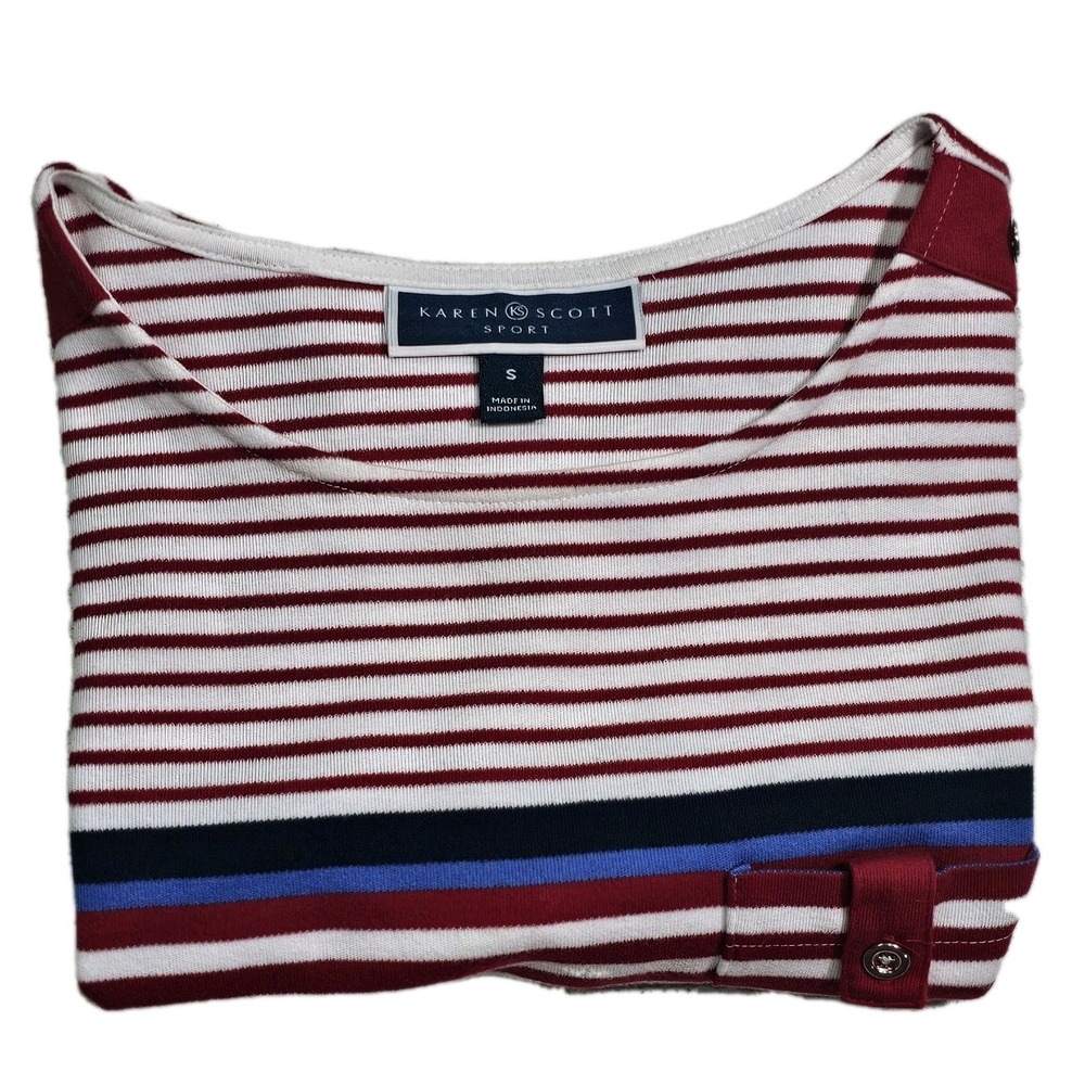 Karen Scott Sport Womens Striped Knit Shirt Top Small Red White Blue Pockets